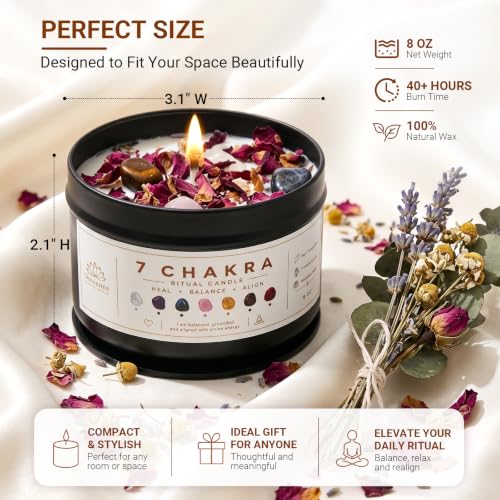 7 Chakra Crystal Candle, Coconut Soy Wax, 40+ Hour Burn, 7 Real Crystals - view 3