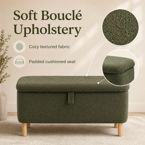 Storage Bench Bedroom Bench Sherpa Ottoman Storage Entryway for Living Room Rectangular Boucle Foot Rest Stool Padded Seat (39.5",Green) - view 4