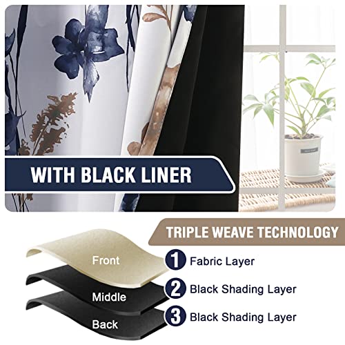 100% Blackout Curtains 63 inch Length 2 Panels Set Cattleya Floral Printed Drapes Leah Floral Thermal Curtains for Bedroom with Black Liner Sound Proof Curtains, Navy and Taupe - view 5