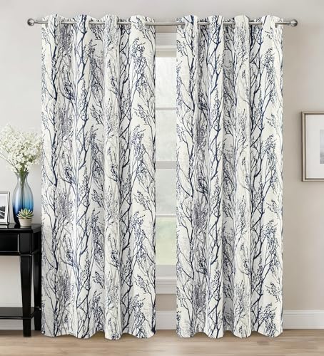Linen Printed Blackout Curtains Tree Branch Pattern Double Layer 84 Inches Long for Bedroom Classic Thermal Insulated Summer Sound Lined Grommet Drapes for Living Room 2 Panels Blue/Linen