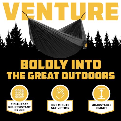 Hammock for Camping Double Hammocks Gear for The Outdoors Backpacking Survival or Travel - Portable Lightweight Parachute Nylon DO Black & Grey - view 3