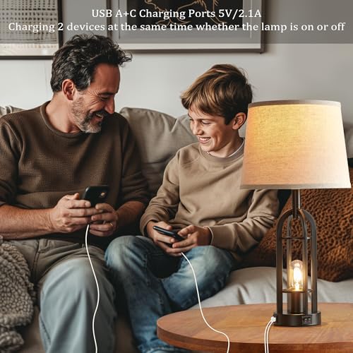 24" Farmhouse Table Lamps for Living Room Bedroom Set of 2, USB A+C - view 3
