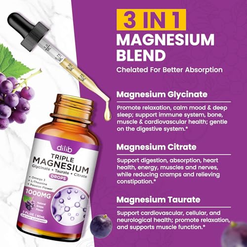 Liquid Magnesium Glycinate Supplement 1000mg, Calm Magnesium Citrate, Taurate Drops with Omega 3, Zinc, Ashwagandha, L-Theanine, Chamomile for Sleep, Mood, Stress Relief, Bone, Muscle, Grape Flavor - view 2