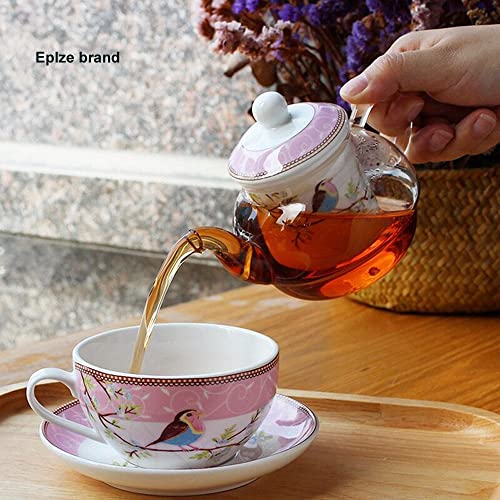 Tea for One Set, Glass Teapot with Porcelain Infuser Strainer and Cup & Saucer- Happy Bird Pattern (Pink) - view 2