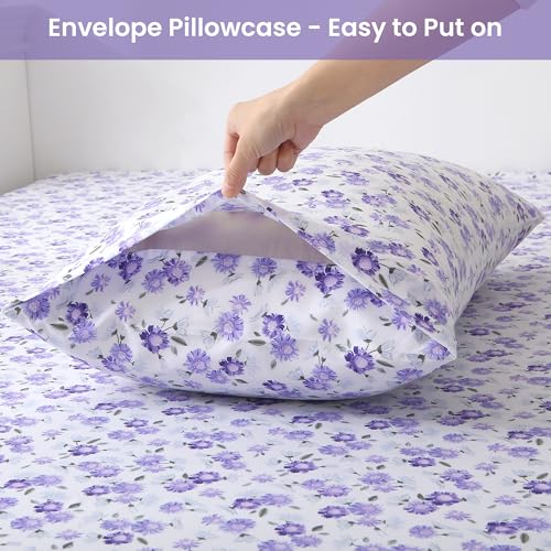 Puple Floral Queen Sheet Set, 4-Piece Microfiber Printed Fitted Sheet with 15" Deep Pockets & Non-Slip Straps, White Flower Patterned Bedding Sheets & Pillowcase Set - view 6