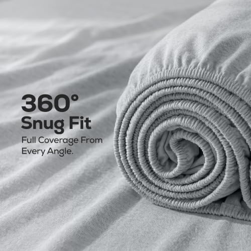 Twin Fitted Sheet Only – Jersey Knit Cotton, Stretchy T-Shirt Soft Bottom Sheet, Snug Fit & Wrinkle-Free, Heather Light Grey - view 4