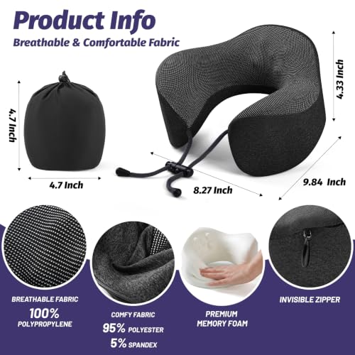 Travel Neck Pillow, Ergonomic Memory Foam Reading Pillow for Ncek Support Travel Sleeping, Airplane Pillow for Long Flight woth Soft Massage Granules & Fold- Black - view 4