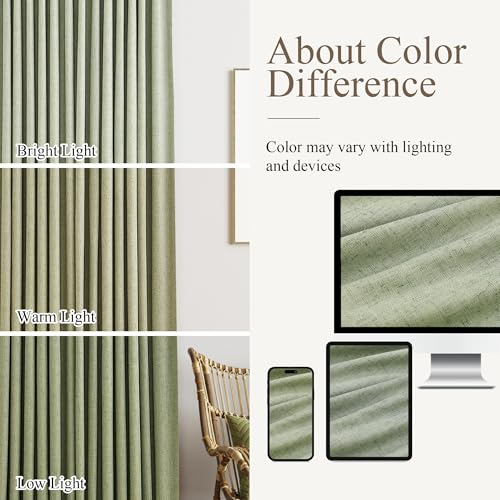 Light Sage Pinch Pleat 100% Blackout Curtains 120 Inch Length 2 Panels Set Flax Linen Room Darkening Soundproof Pinch Pleated Curtains with Hooks Rings for Bedroom Living Room Track System W40 x L120 - view 6