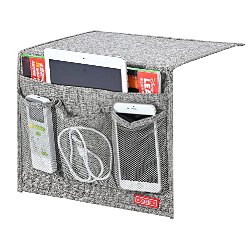 Linen 4 Pockets Bedside Caddy, Bedside Storage Organizer for Magazine, Remotes, Phone (Classic Grey) - view 2