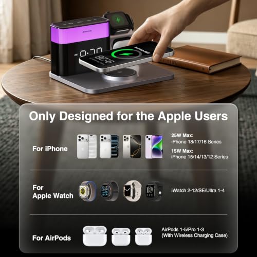 GlowDock 5-in-1 Wireless Charging Station with Alarm Clock,Qi2.2 25W Magnetic Charger Stand, Aluminum Silent Cooling,8 Nightlight,for iPhone 18 17 16 15 Pro Max Duo Air Plus,Apple Watch,AirPods - view 4