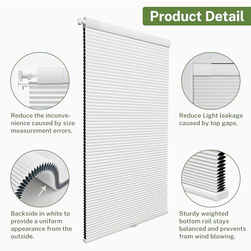No Drill Cordless Cellular Shades Color-Matched No Tools Cellular Blinds Honeycomb Design Tension Blinds & Shades for Window (Blackout White, Custom Size) - view 2