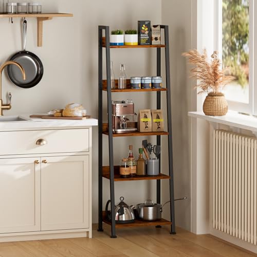 Ladder Shelf, 5 Tier Bookshelf with Fabric Drawer, Rustic Brown - view 5