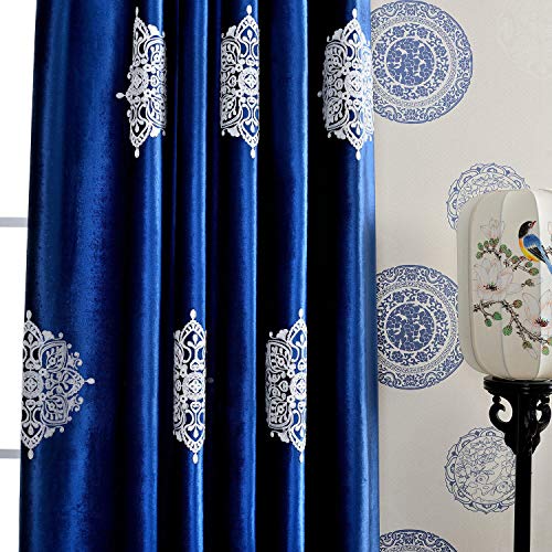 Blackout Curtains 84 Inches Long for Bedroom, White Flowers Embroidered Room Darkening Window Drapes for Living Room, 52x84, 2 Panels, Dark Blue - view 5