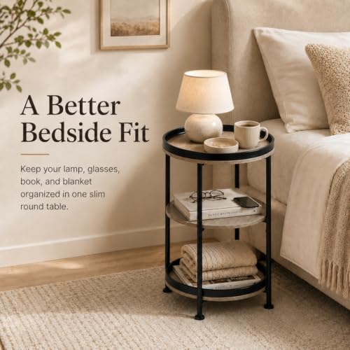 Side Table, Round End Table with 3 Storage Shelves for Living Room, Bedroom, Nightstand with Steel Frame for Small Spaces, Industrial Round Sofa Table, Outdoor Accent Coffee Table, Oak - view 5