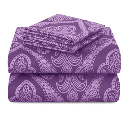 Paisley Queen Sheet Set, 4 PC Soft Microfiber Wrinkle Free Sheets - Luxurious Printed Bed Sheets Includes Flat Sheet, Fitted Sheet with Deep Pockets, & 2 Pillowcases - Purple