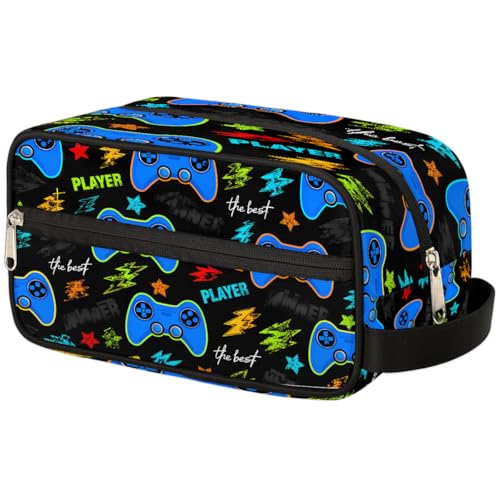 Kids Travel Toiletry Bag - Blue Game Gamepad Waterproof Hanging Cosmetic Hygiene Bags for Boys Men - Large Shave Kit for Toiletries Accessories Bathroom Stuff