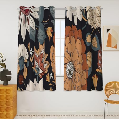 Black Boho Floral Grommet Blackout Curtains, 52W x 45L, 2 Panels