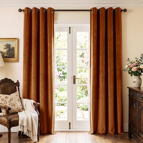 Burnt Orange Velvet Curtains for Sliding Door, W52 x L96, 2 Panels