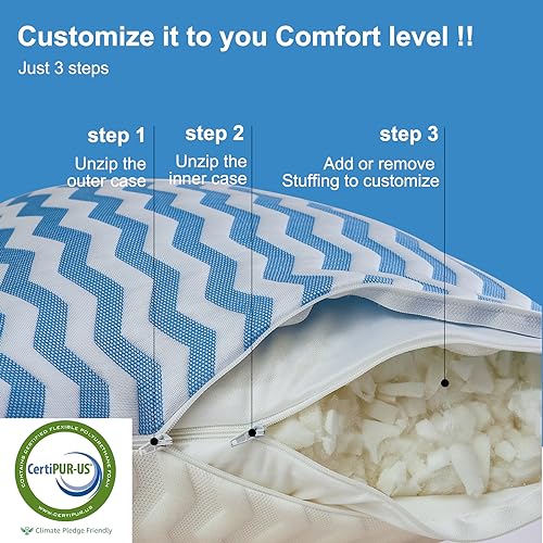 Pillows Queen Size for Bed - Adjustable Firm Pillow for Back Stomach and Side Sleeper - Shredded Memory Foam Cooling Pillow for Neck and Shoulder Pain with Washable Cover - view 2