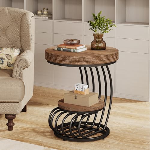 Round End Table, 2-Tier Farmhose Wood Side Table with Shelf Storage, Small Sofa Side Bedside Nightstand, Arc-Shaped Frame Accent Furniture for Living Room, Light Brown - view 3