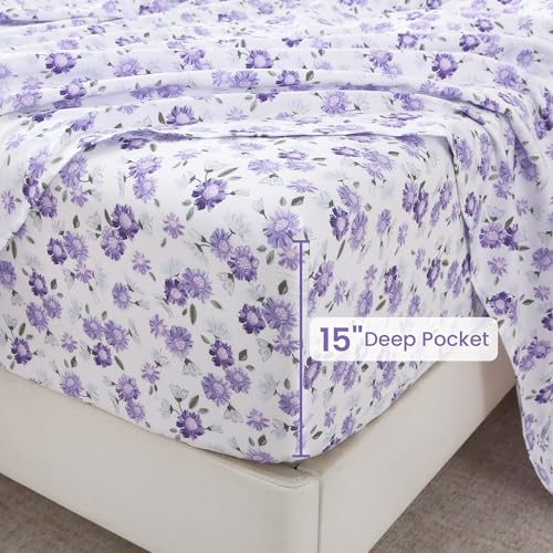 Puple Floral Queen Sheet Set, 4-Piece Microfiber Printed Fitted Sheet with 15" Deep Pockets & Non-Slip Straps, White Flower Patterned Bedding Sheets & Pillowcase Set - view 4