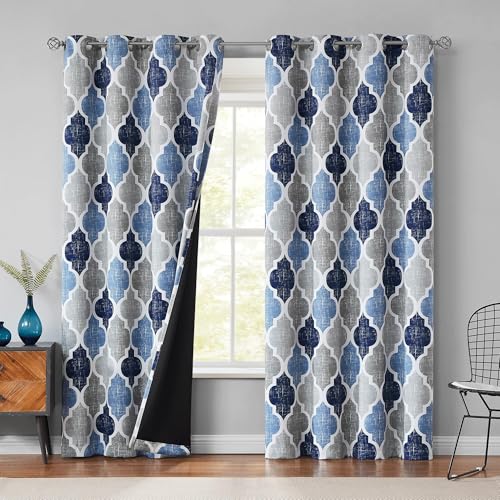 Moroccan 100% Blackout Curtains Bedroom Blue Grey 50x84 2 Panels