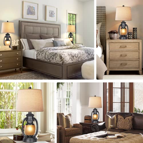 Table Lamps for Bedroom Set of 2 Rustic Farmhouse Living Room Bedside Lamp with 2 USB Port and Outlet Black Nightstand Lamps with Nightlight Miner Lantern for End Table - view 2