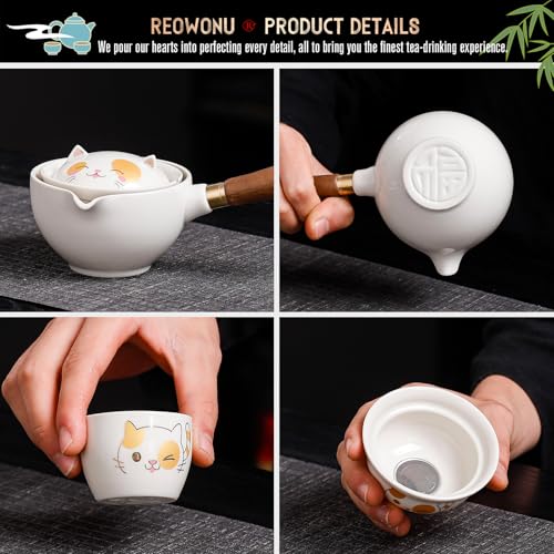 Chinese Tea Set Gongfu Tea set, Portable Teapot Set with 360 Rotation Tea maker and Infuser,Kung Fu Tea Set Portable All in One Leather Bag for Travel,Outdoor, Office,Home,Gifting (4cups-cat) - view 3