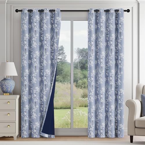 Blue Blackout Floral Curtains for Bedroom, 72 Inches, 2 Panels