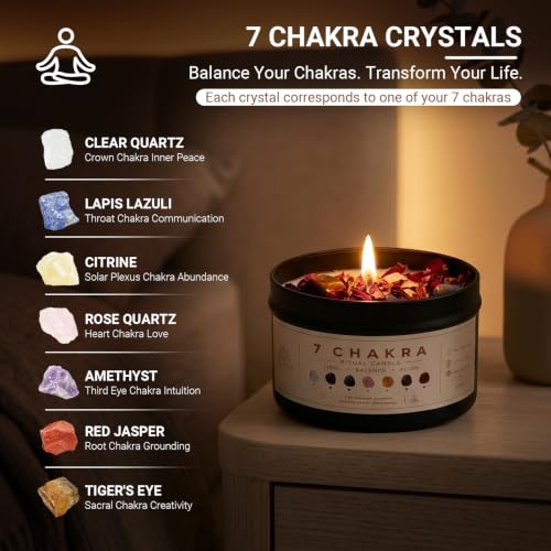 7 Chakra Crystal Candle, Coconut Soy Wax, 40+ Hour Burn, 7 Real Crystals - view 2