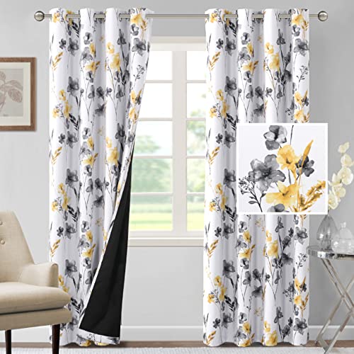 100% Blackout Curtains 84 inch Length 2 Panels Set Cattleya Floral Printed Drapes Leah Floral Thermal Curtains for Bedroom with Black Liner Sound Proof Curtains, Grey and Yellow
