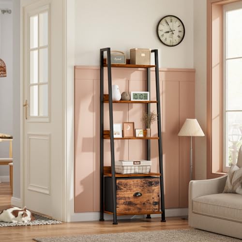 Ladder Shelf, 5 Tier Bookshelf with Fabric Drawer, Rustic Brown - view 2