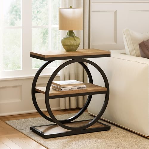 End Table Set 2, Side Table with 3-Tier Storage Shelves, Small Sofa Side Table for Living Room, Wooden Side End Table with Double Round Metal Legs, Slim Nightstand and Bedside Table, Oak - view 4