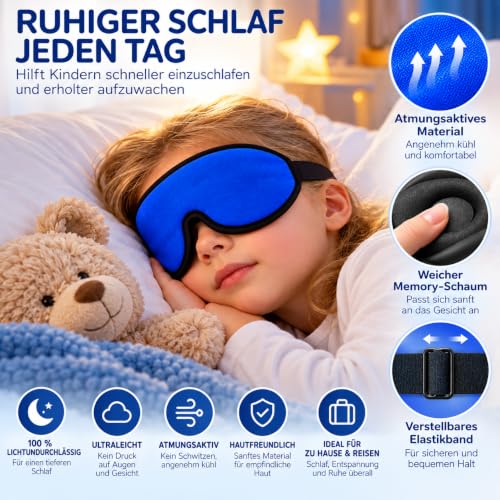 3D Sleep Mask for Kids, Light Block Sleeping Blindfold Memory Foam Contoured Eye Mask for Sleep, Adjustable Strap Eye Cover and Travel Sleep Mask for Boys Girls, Dark Blue - view 4