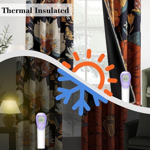 Black Boho Floral Grommet Blackout Curtains, 52W x 45L, 2 Panels - view 5