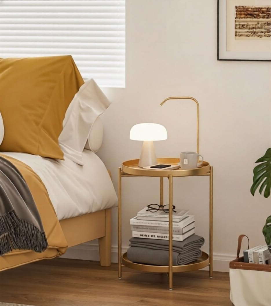 2 Tier Gold Side Table, Folding Round Metal End Table Small Nightstand with Two Removable Tray for Bedroom Living Room Small Spaces Bedside Gold - view 4