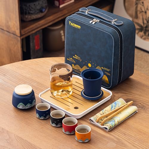 Portable Gongfu Tea Set with Travel Case, Ceramic Tea Set with Glass Teapot Infuser, Bamboo Tea Tray and 4 Ceramic Teacups, All-in-One Travel Tea Kit for Home Office Outdoor Picnic Camping - view 4