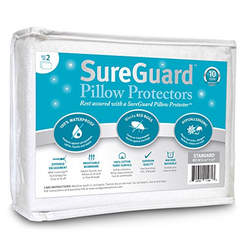 SureGuard Set of 2 Standard Size Pillow Protectors - 100% Waterproof, Bed Bug Proof, Hypoallergenic - Premium Zippered Cotton Terry Covers