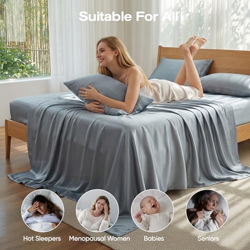 100% Real Bamboo Viscose & Lyocell Tencel Sheets Set King Size | Breathable & Cooling for Hot Sleeper | Luxury Silky Soft Fabric | 18" Deep Pocket with Corner Straps (French Blue, King) - view 6
