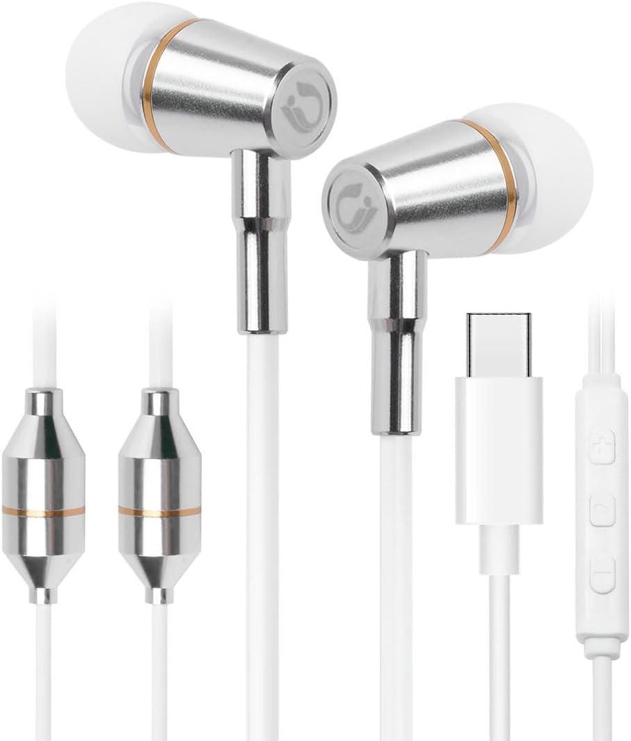 Airtube Headphones for Safe Listening with Microphone Volume Control, Air Tube Earbuds with Type C for Hearing Protection, Wired Headsets with 3 Eartips for Work, Meeting, Sleep, Gym (White)