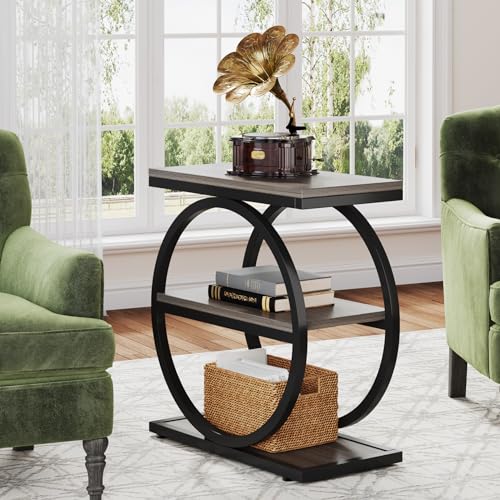 3-Tier End Table, Grey Side End Table with Storage Shelves, Small Sofa Side Table for Living Room, Slim Nightstand and Bedside Table with Black Double Round Metal Legs - view 2