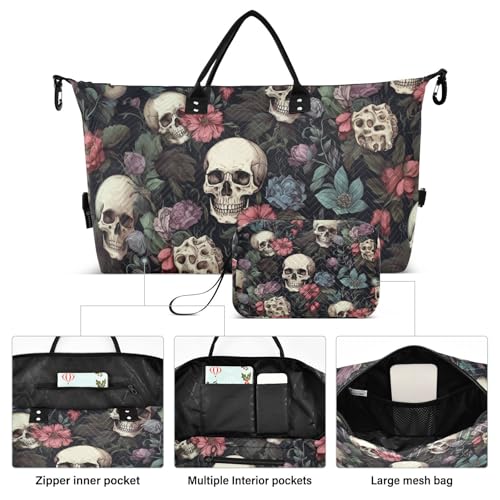 Skull Travel Duffle Gym Bag, Skull Color Flower Weekender for Women with Toiletry Bag Travel Tote - view 2