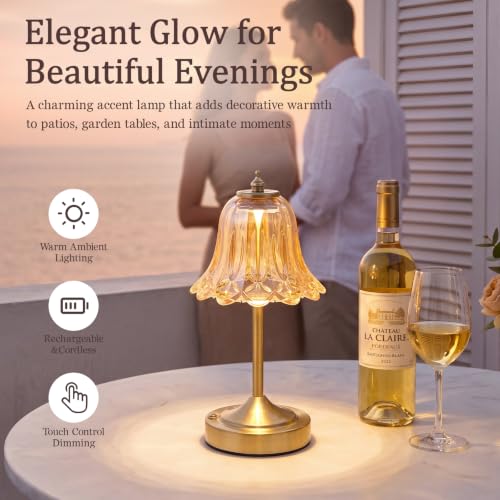 Cordless Table Lamp, Rechargeable Amber Glass Tulip Flower Touch Lamp - view 2