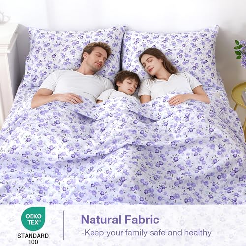 Puple Floral Queen Sheet Set, 4-Piece Microfiber Printed Fitted Sheet with 15" Deep Pockets & Non-Slip Straps, White Flower Patterned Bedding Sheets & Pillowcase Set - view 7
