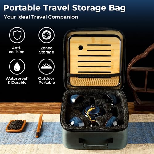 Chinese Gongfu Tea Set, Kiln Altered Glaze Porcelain Tea Set with 1 Teapot, 4 Tea Cups & 1 Tea Tray, Portable Japanese Tea Sets with Storage Bag for Travel, Gifting, Outdoor, Dark Blue - view 5