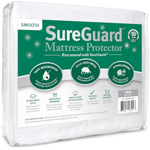 SureGuard Smooth Waterproof Mattress Protector, Twin Size Mattress Cover