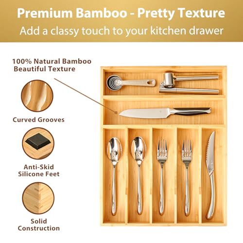 Bamboo Kitchen Drawer Organizer, 13 Inch Silverware Utensil Tray Holder, Extra Deep Grooved Drawer Divider, 7 Slots Total Bamboo Wood Caddy for Flatware Cutlery Knives, Forks, Spoons - view 2