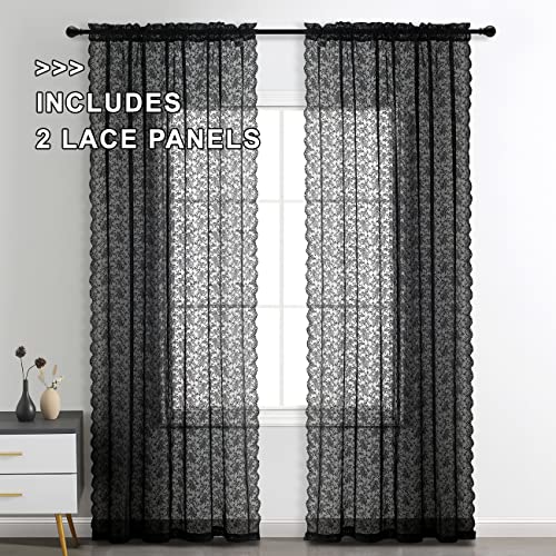 Black Lace Curtains for Bedroom W52 x L63 Inch, 2 Panels - view 2