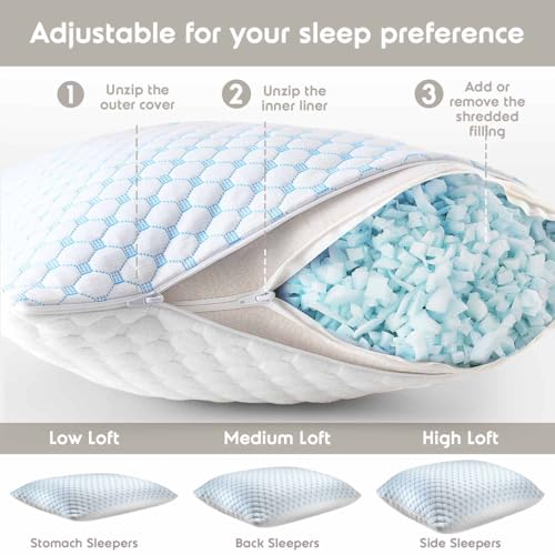 Cooling Pillow for Sleeping 2 Pack, Luxury Shredded Memory Foam Pillows Queen Size Set of 2, Adjustable Cold Gel Pillows for Hot Sleepers Supportive Cool Pillow for Side Back Stomach Sleepers - view 3