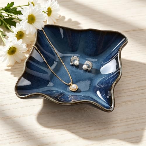 Ceramic Ring Dish BlueWavy Square,Trinket Dish Ring Holder Jewelry Tray Cute Vanity Organizer Aesthetic Nightstand Bathroom Room Decor - view 3